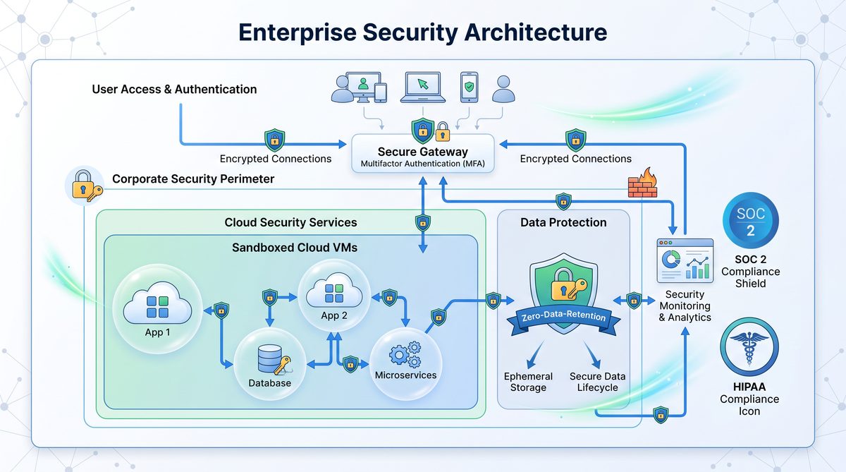 Enterprise security architecture with sandboxed VMs and compliance