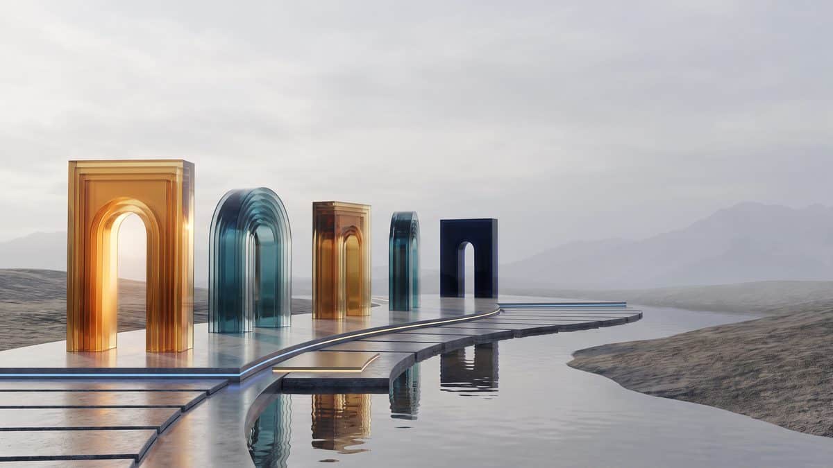 Abstract dated milestones separated by amber and navy layers on a clean editorial horizon