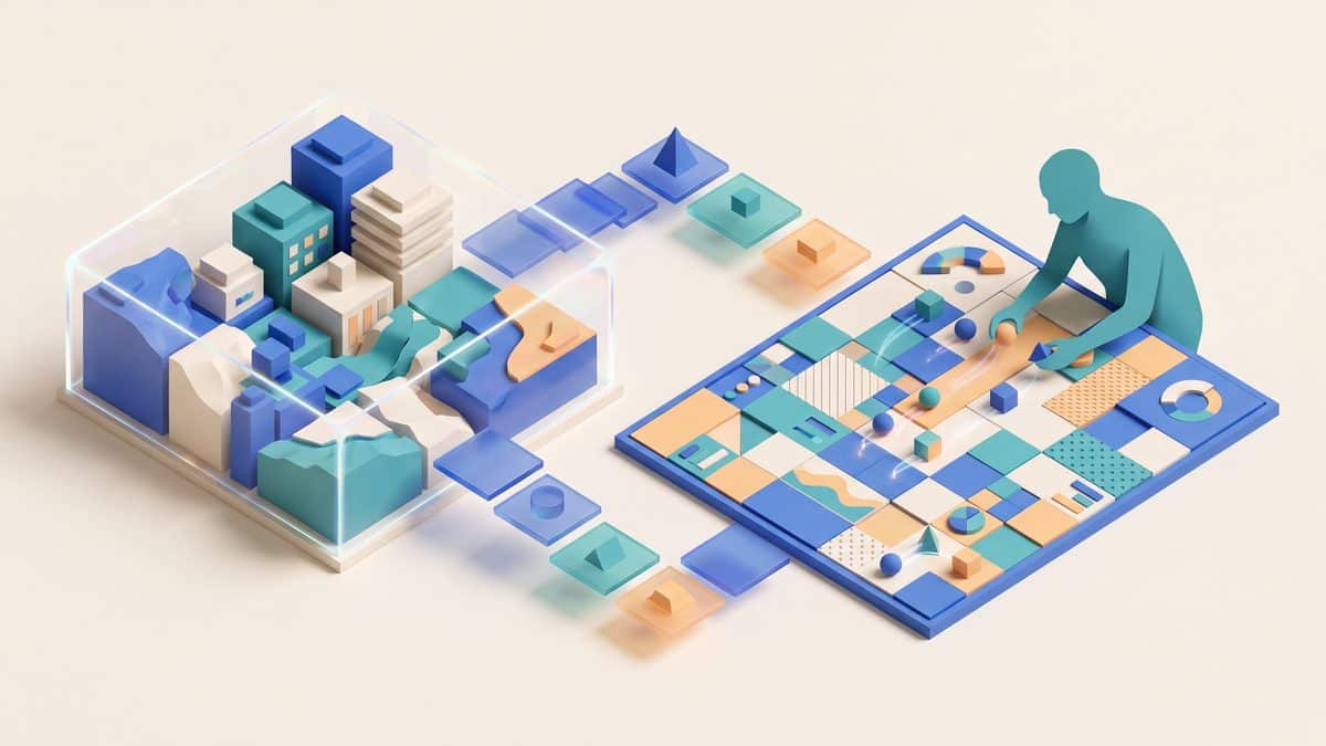 A developer follows a calm sequence of branching paths from an unfamiliar repository landscape to a compact, human-approved repository atlas.