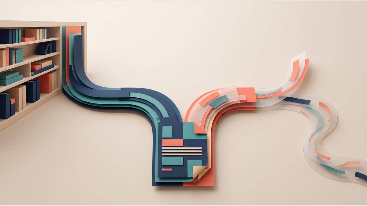 Conceptual illustration of one work document branching between a reusable archive path and a temporary path, shown with abstract folders and directional lines but no words or interface.