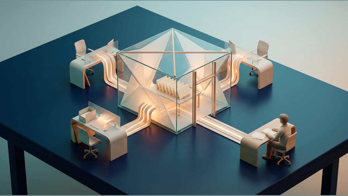 Original conceptual editorial illustration showing abstract controlled source lanes converging at a human review point for a human-reviewed workflow