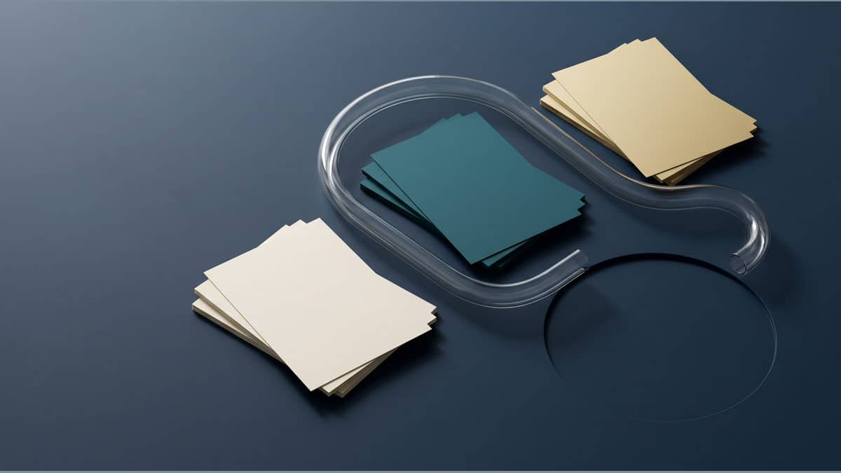 Original conceptual editorial illustration showing three sets of blank leadership meeting papers for a human-reviewed workflow