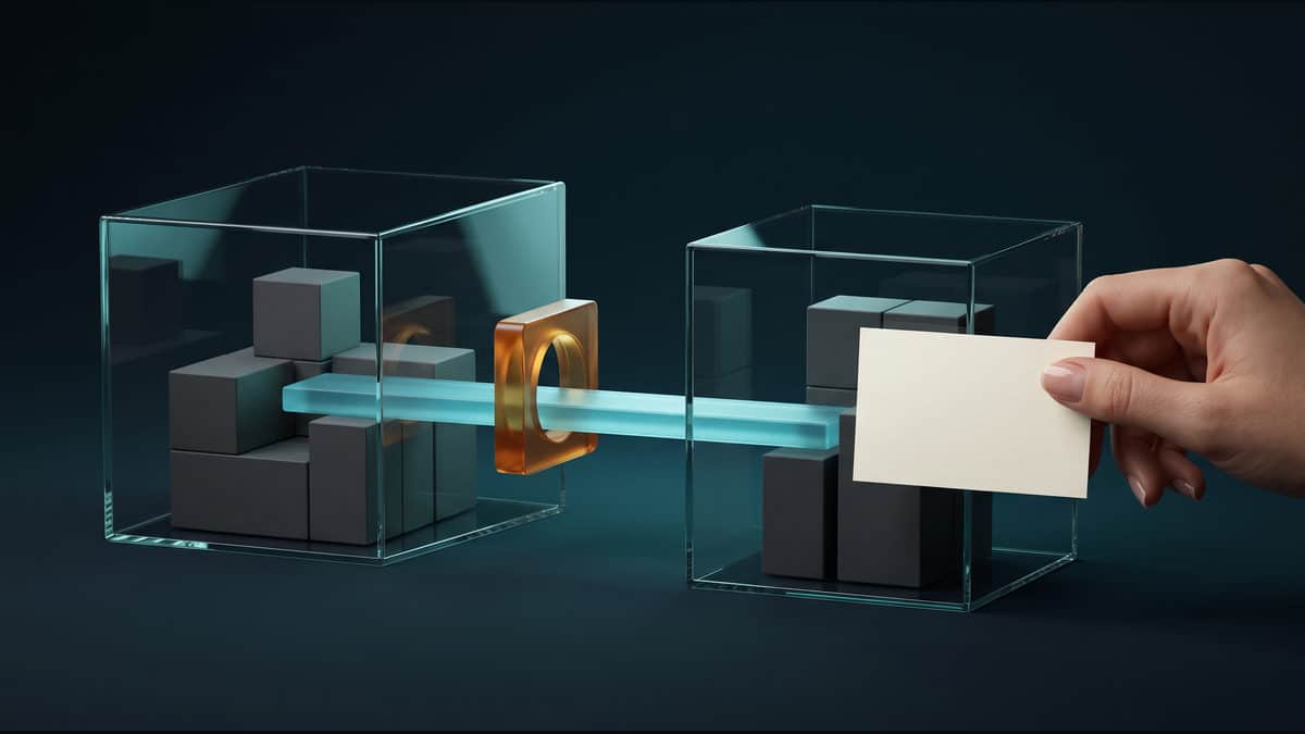 Original conceptual editorial illustration showing two isolated block workspaces linked through approval for a human-reviewed workflow