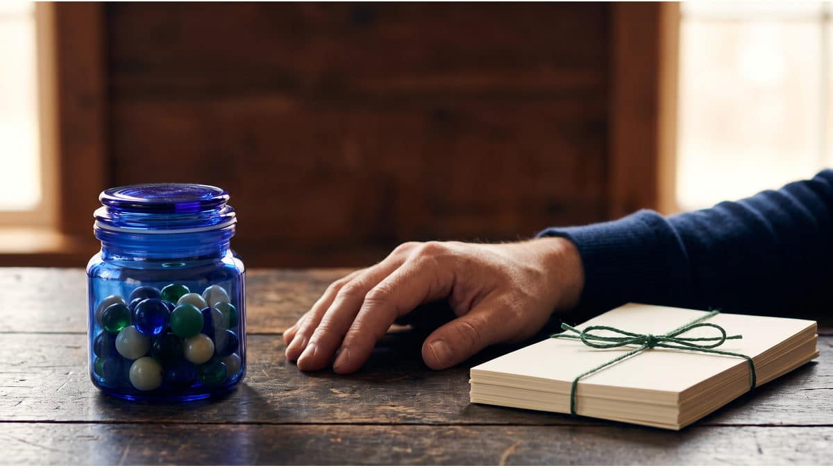 A consumer weighs a sealed glass jar of account context against a blank paper summary for a safer monthly spending review.